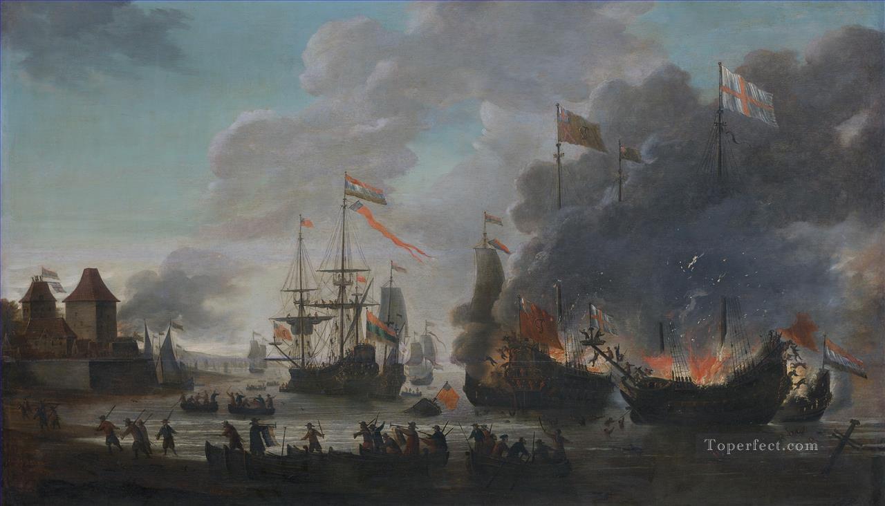 The Dutch burn English ships during the expedition to Chatham Raid on Medway 1667 Jan van Leyden 1669 Naval Battle Oil Paintings